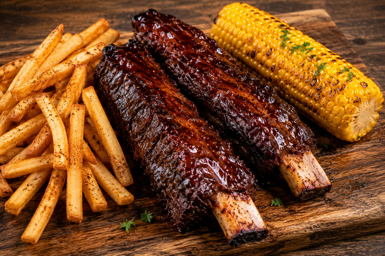 BBQ ribs with corn on the cob and fries